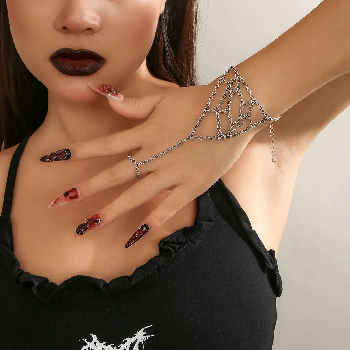 Boho Cobweb Finger Ring Chain Bracelet