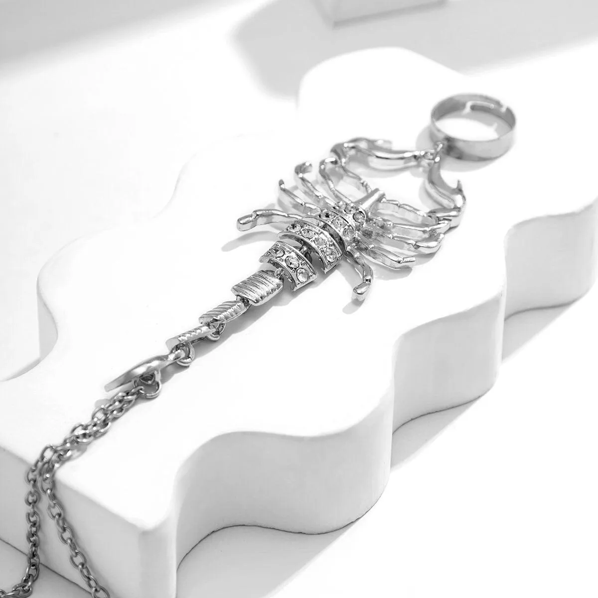 Boho CZ Inlaid Scorpion Finger Ring Chain Bracelet
