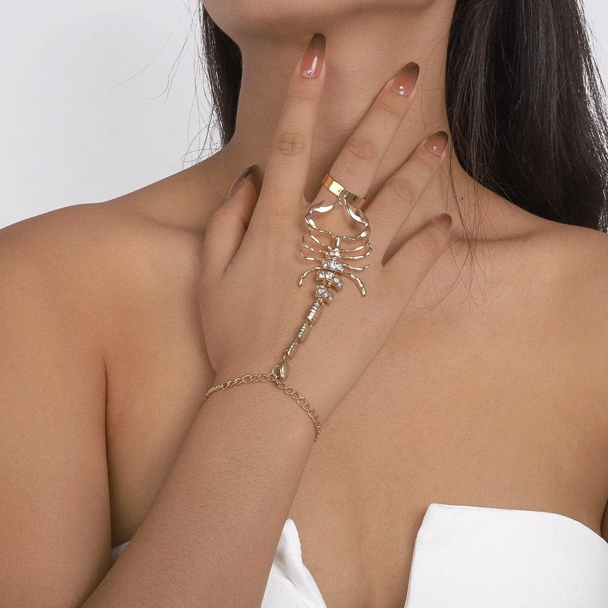 Boho CZ Inlaid Scorpion Finger Ring Chain Bracelet