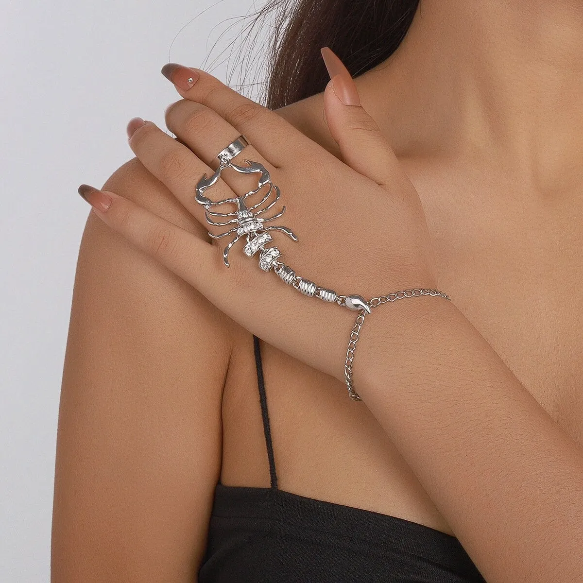 Boho CZ Inlaid Scorpion Finger Ring Chain Bracelet