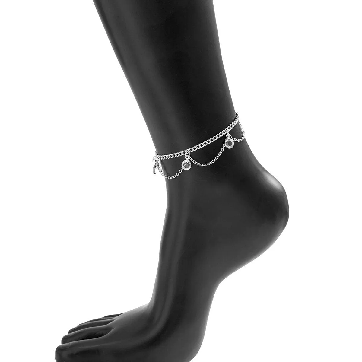 Boho Gold Silver Tone Crystal Inlaid Wave Tassel Anklet