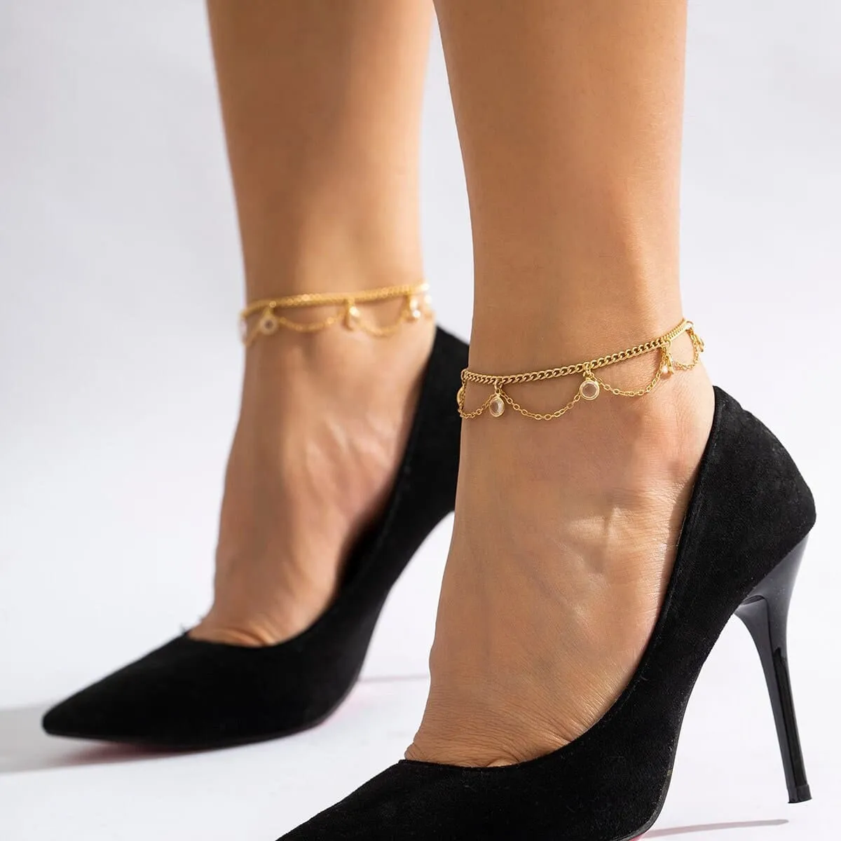 Boho Gold Silver Tone Crystal Inlaid Wave Tassel Anklet