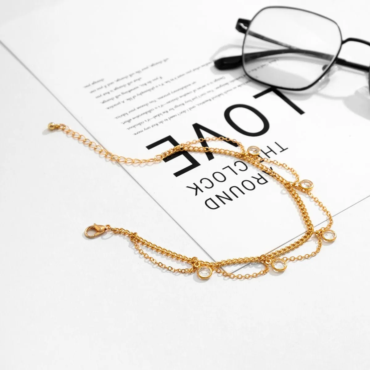 Boho Gold Silver Tone Crystal Inlaid Wave Tassel Anklet