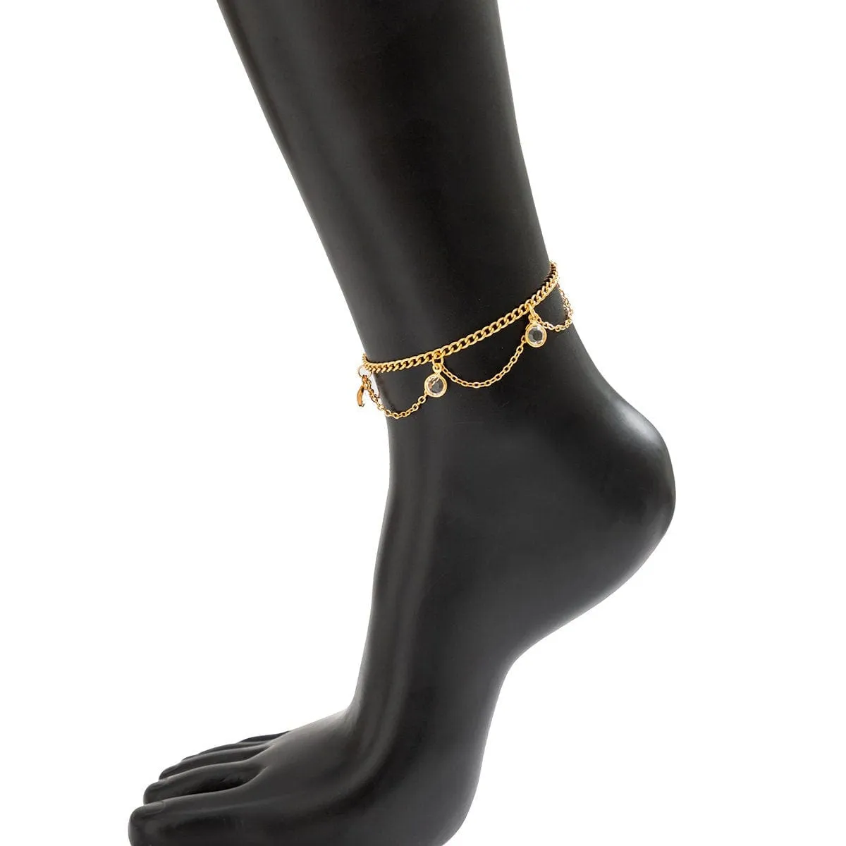 Boho Gold Silver Tone Crystal Inlaid Wave Tassel Anklet