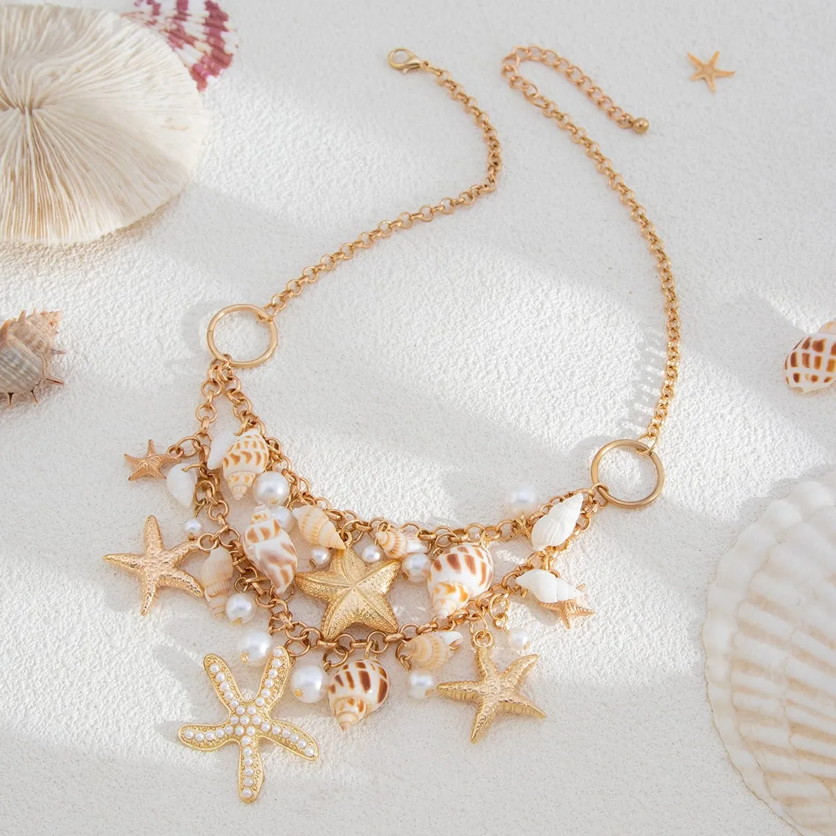 Boho Layered Starfish Pearl Natural Conch Charm Necklace Bracelet