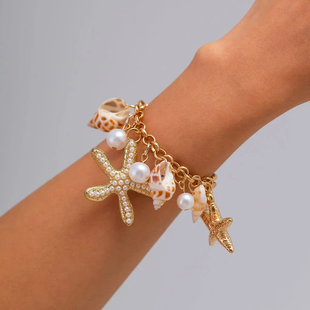 Boho Layered Starfish Pearl Natural Conch Charm Necklace Bracelet