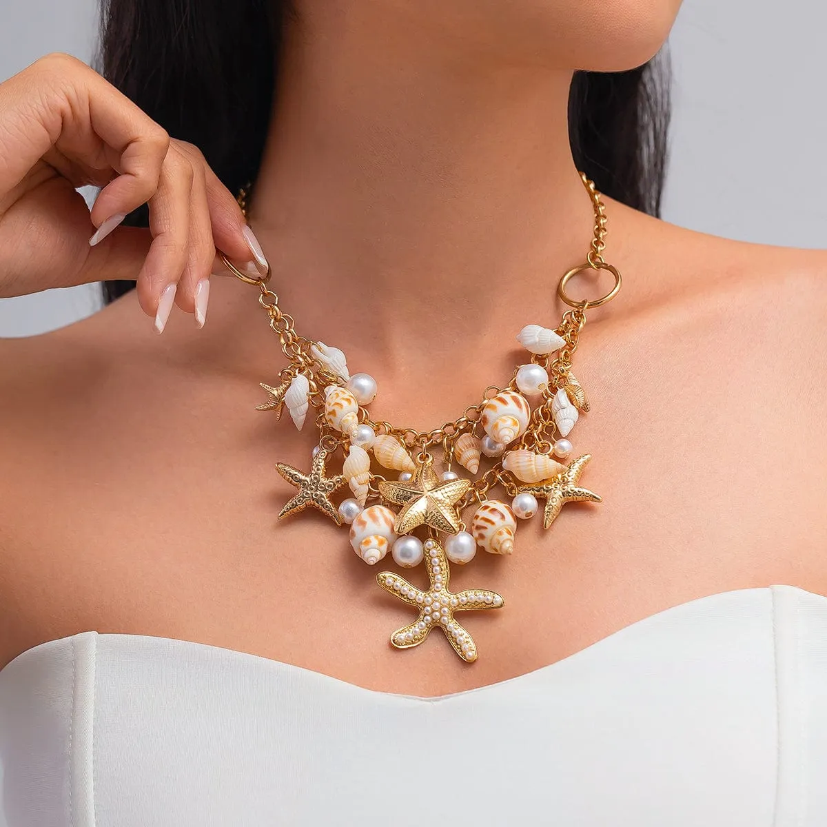Boho Layered Starfish Pearl Natural Conch Charm Necklace Bracelet
