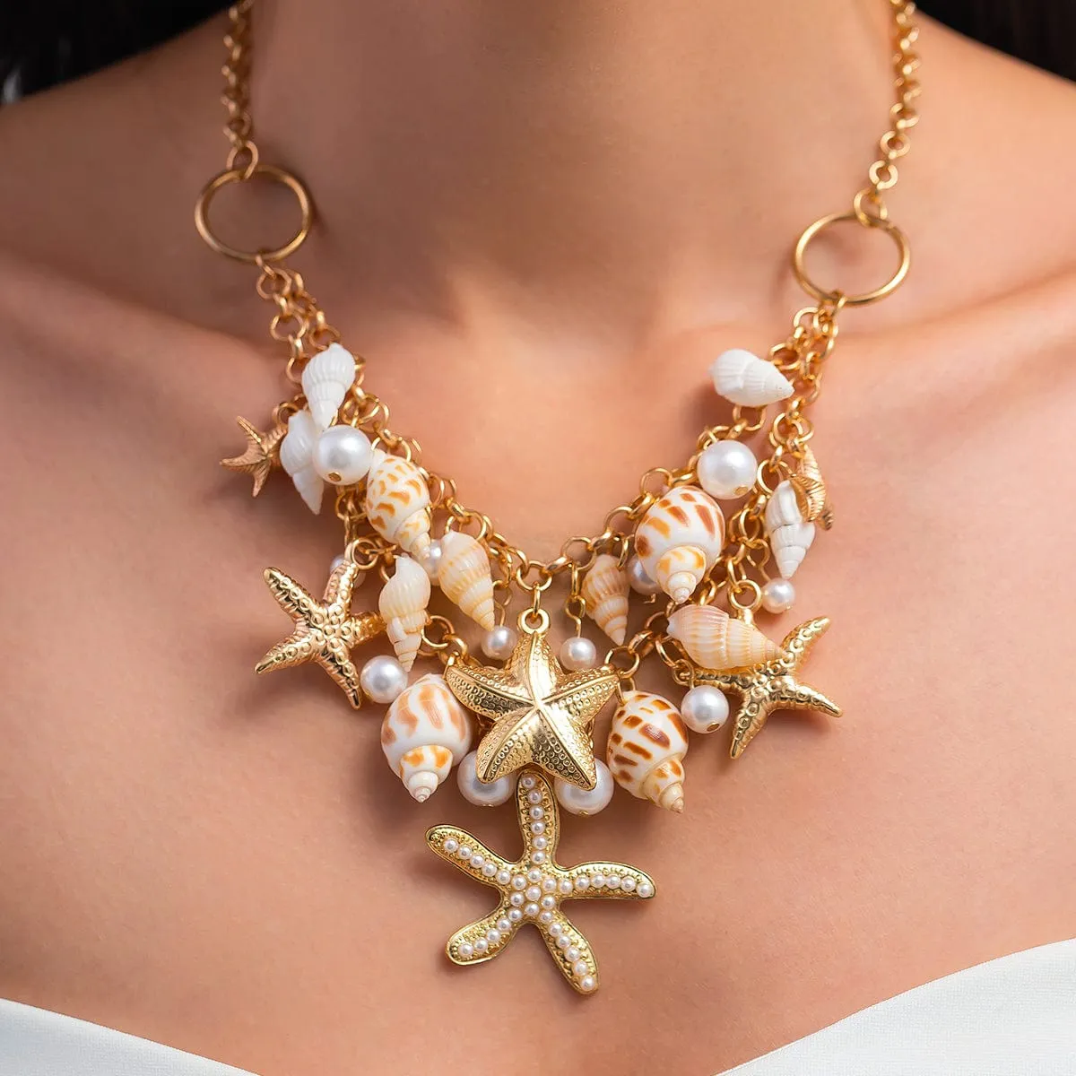 Boho Layered Starfish Pearl Natural Conch Charm Necklace Bracelet