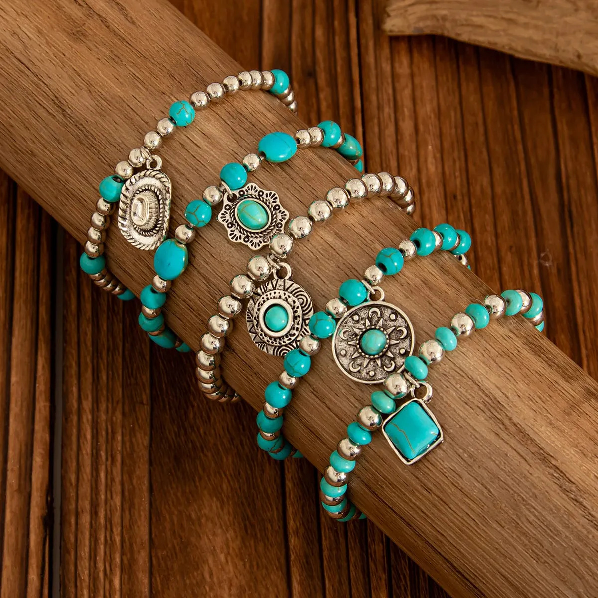 Boho Layered Turquoise Inlaid Flower Round Disk Charm Ball chain Bracelet Set