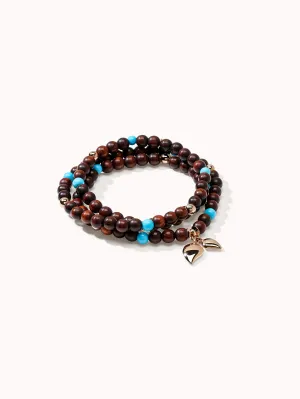Bracelet INDIA Snakewood with Turquoise beads, three row, medium
