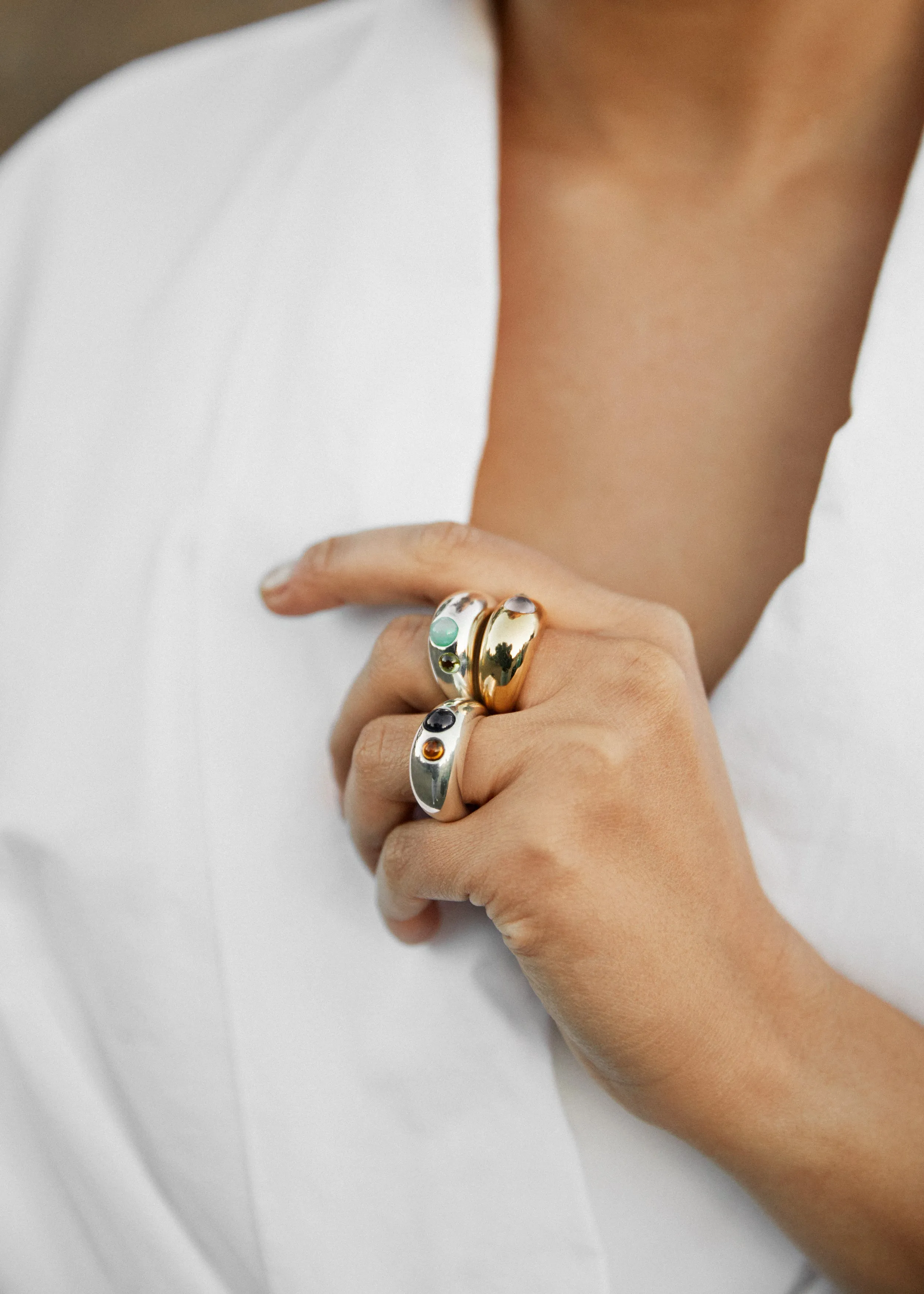 Brass Pebble Ring- Chalcedony and Moonstone