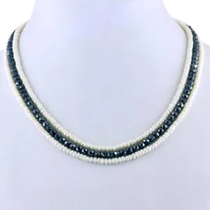 Certified 3-4 mm Designer 3 Row Pearl Moti with Black Diamond Beads Necklace. Great Shine & Stunning Collection