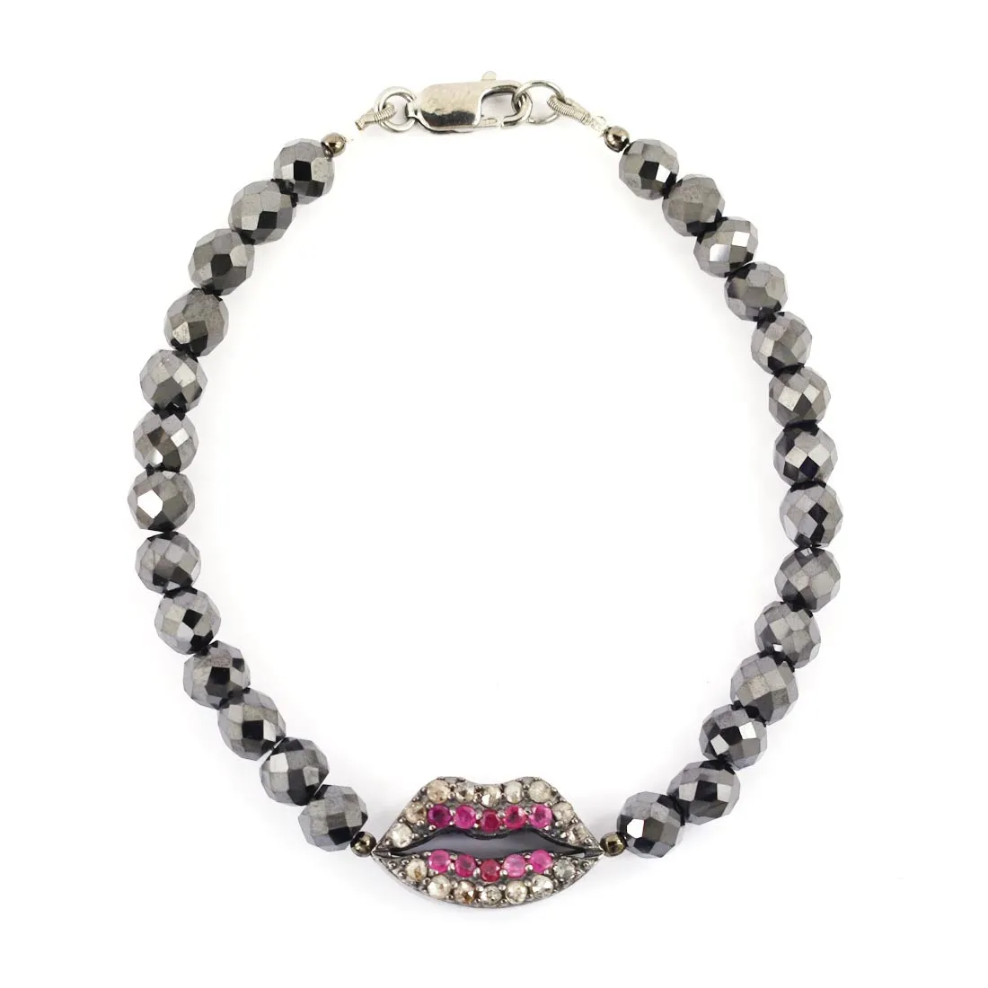 Certified 5-6 mm Black Diamond Bracelet with With Ruby Accents Designer Lips Style. For Birthday Gift