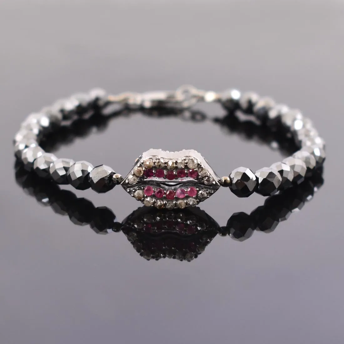 Certified 5-6 mm Black Diamond Bracelet with With Ruby Accents Designer Lips Style. For Birthday Gift