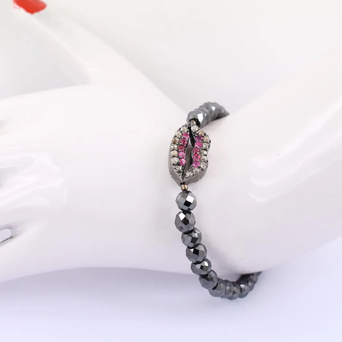 Certified 5-6 mm Black Diamond Bracelet with With Ruby Accents Designer Lips Style. For Birthday Gift