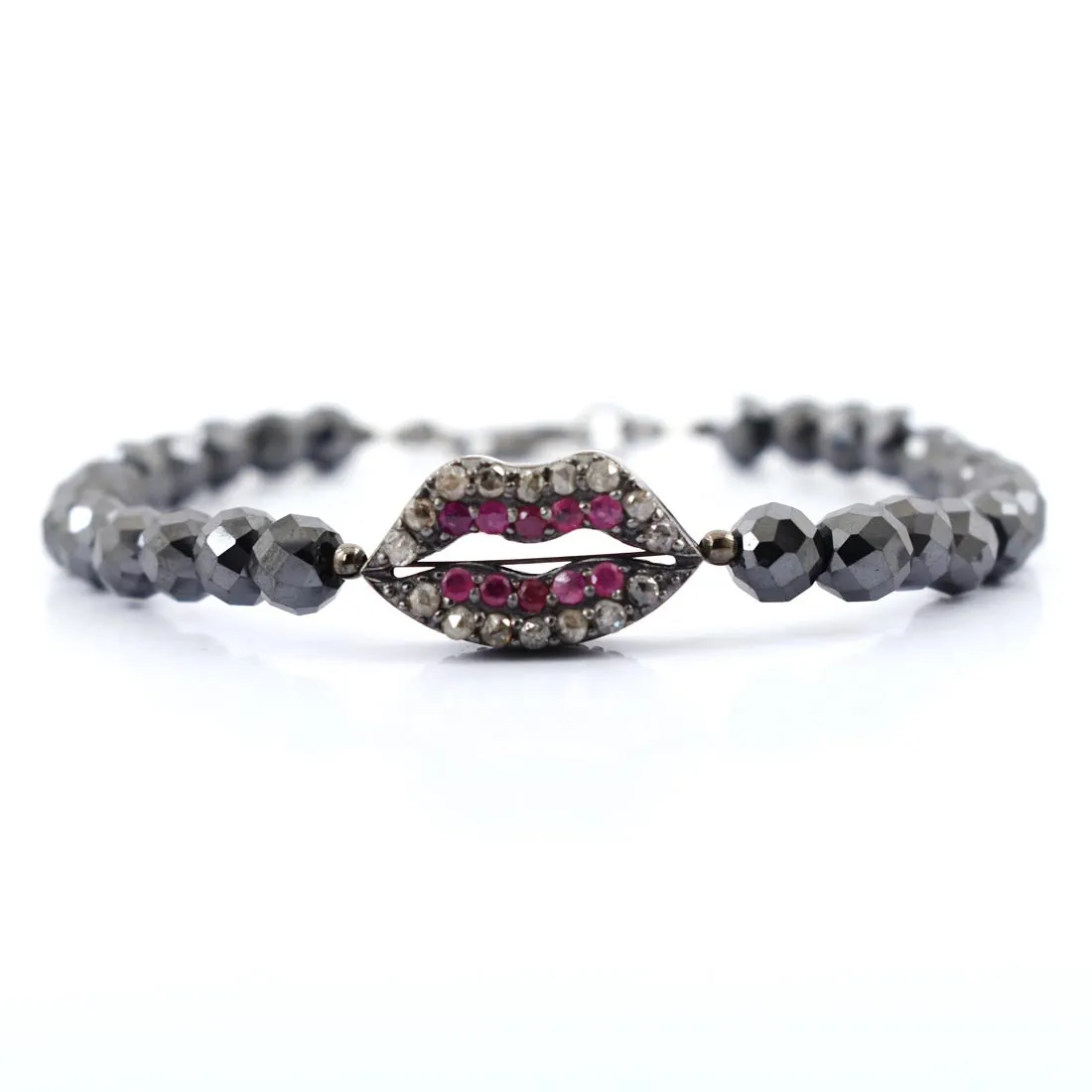 Certified 5-6 mm Black Diamond Bracelet with With Ruby Accents Designer Lips Style. For Birthday Gift