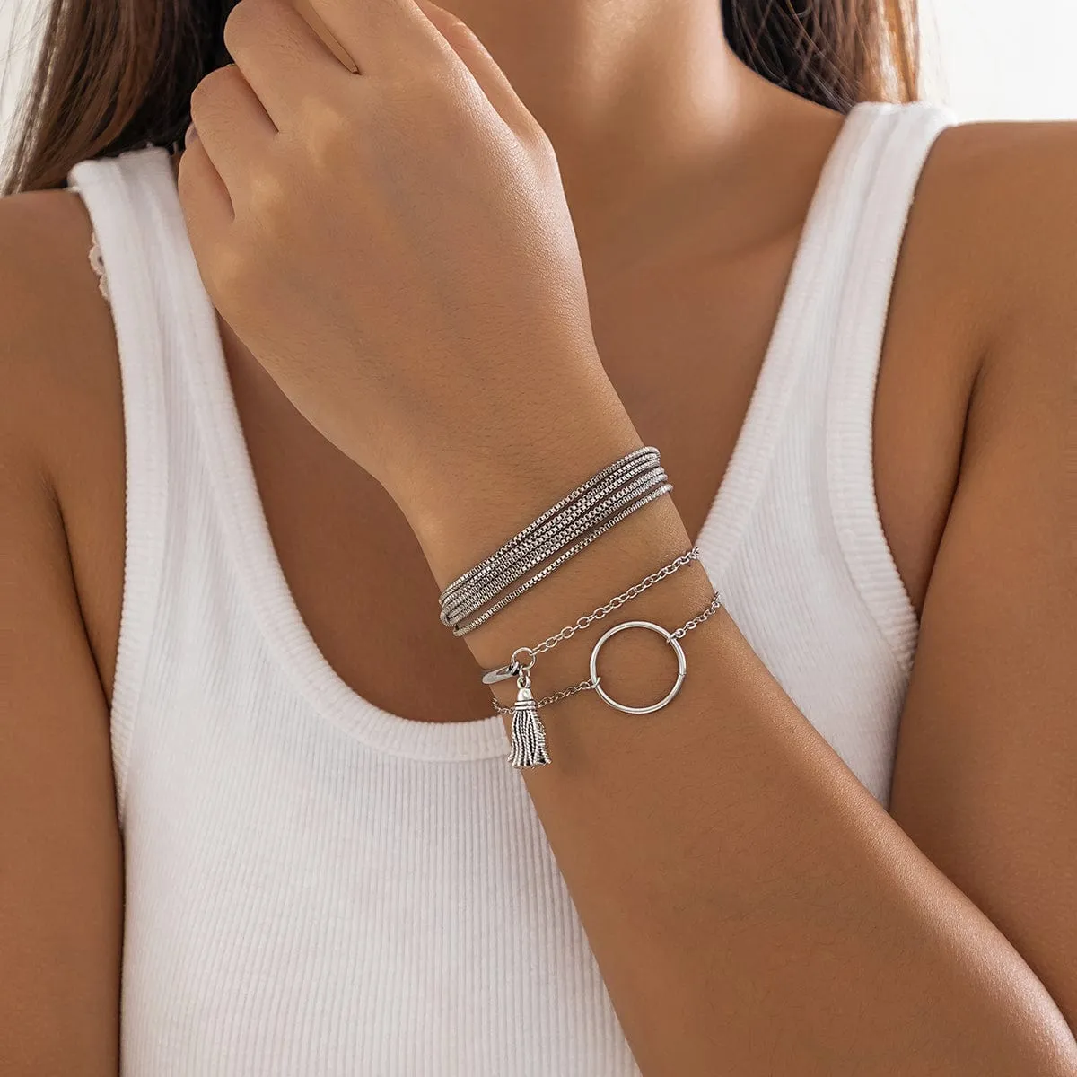 Chc Multi-Layered Tassel Ring Bracelet Set