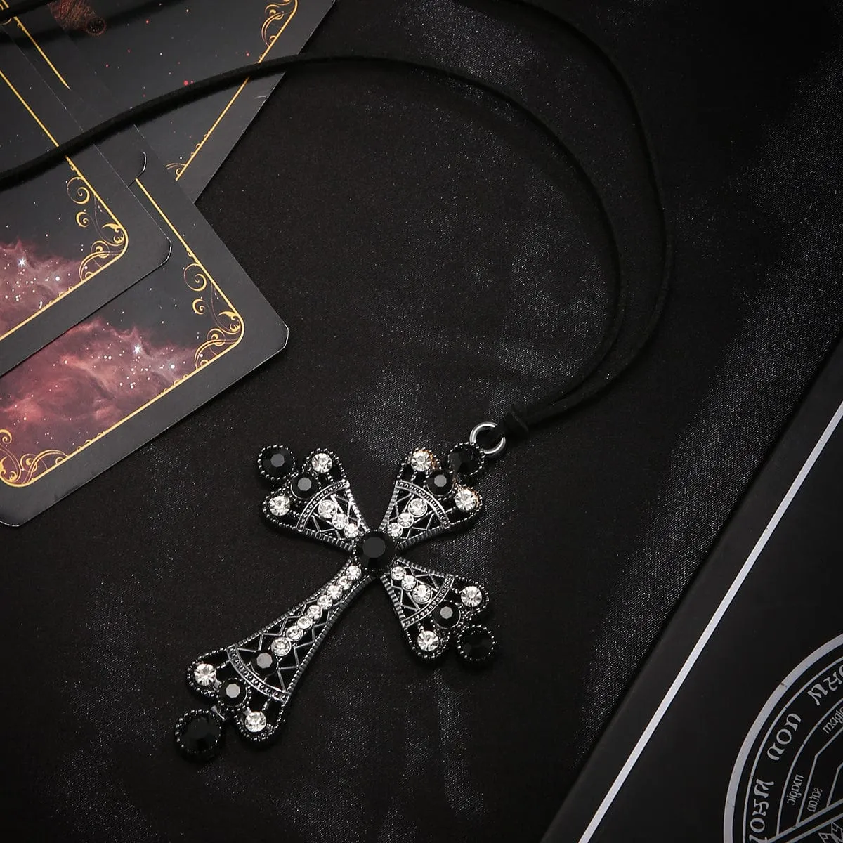 Chic Crystal Inlaid Hollowed-out Cross Pendant Velvet String Necklace
