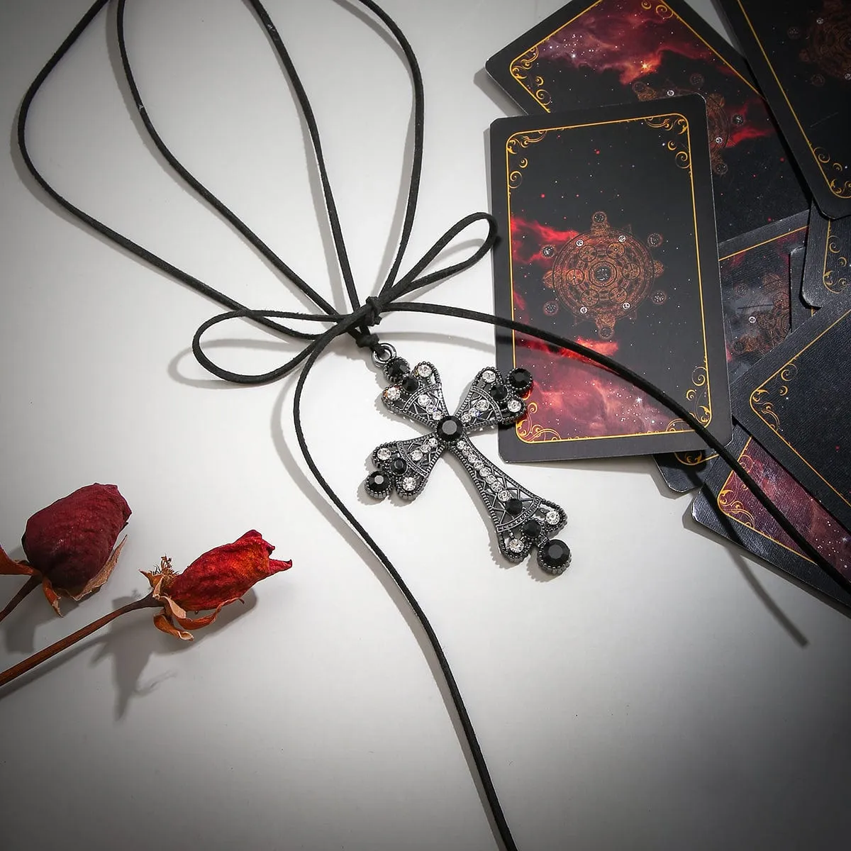 Chic Crystal Inlaid Hollowed-out Cross Pendant Velvet String Necklace