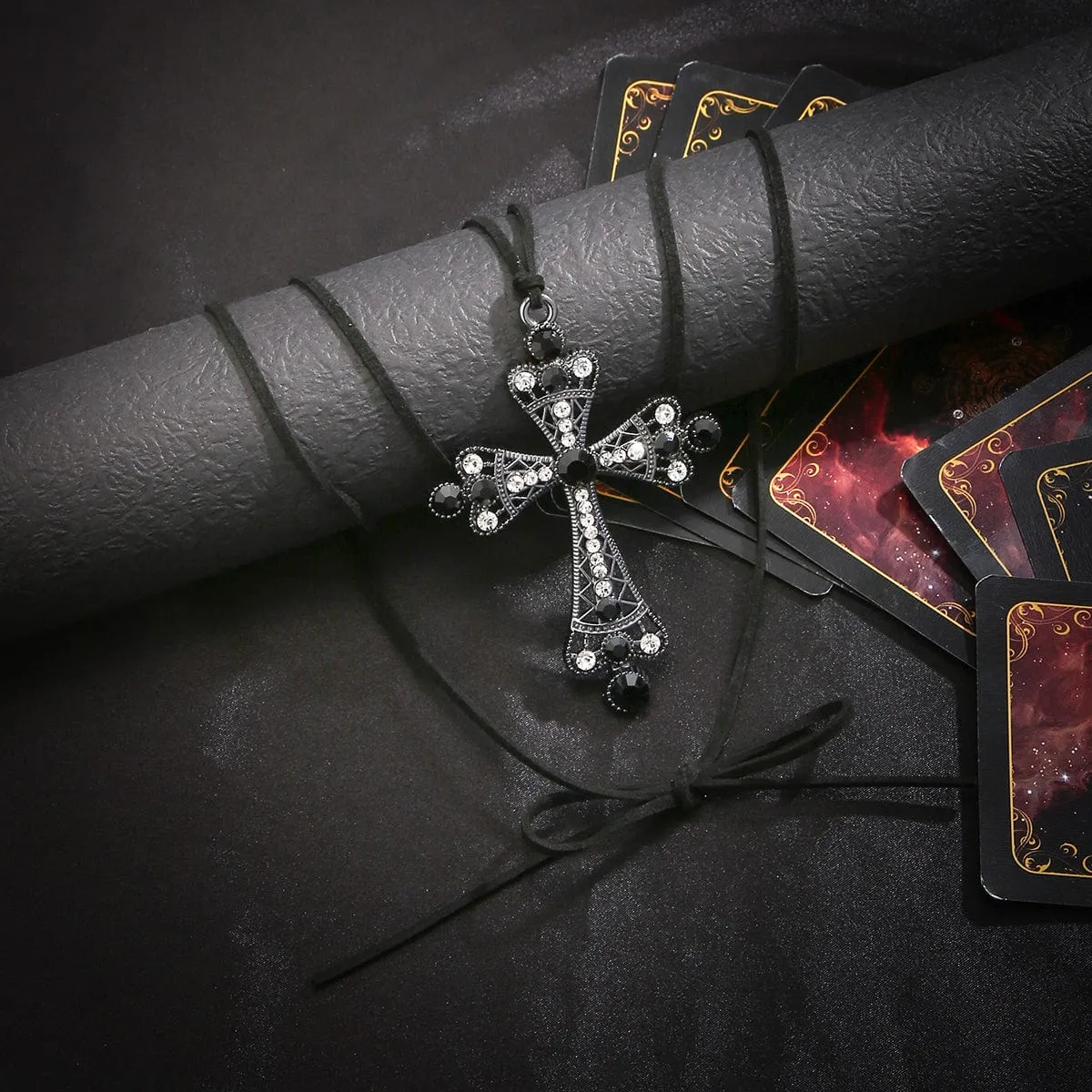 Chic Crystal Inlaid Hollowed-out Cross Pendant Velvet String Necklace
