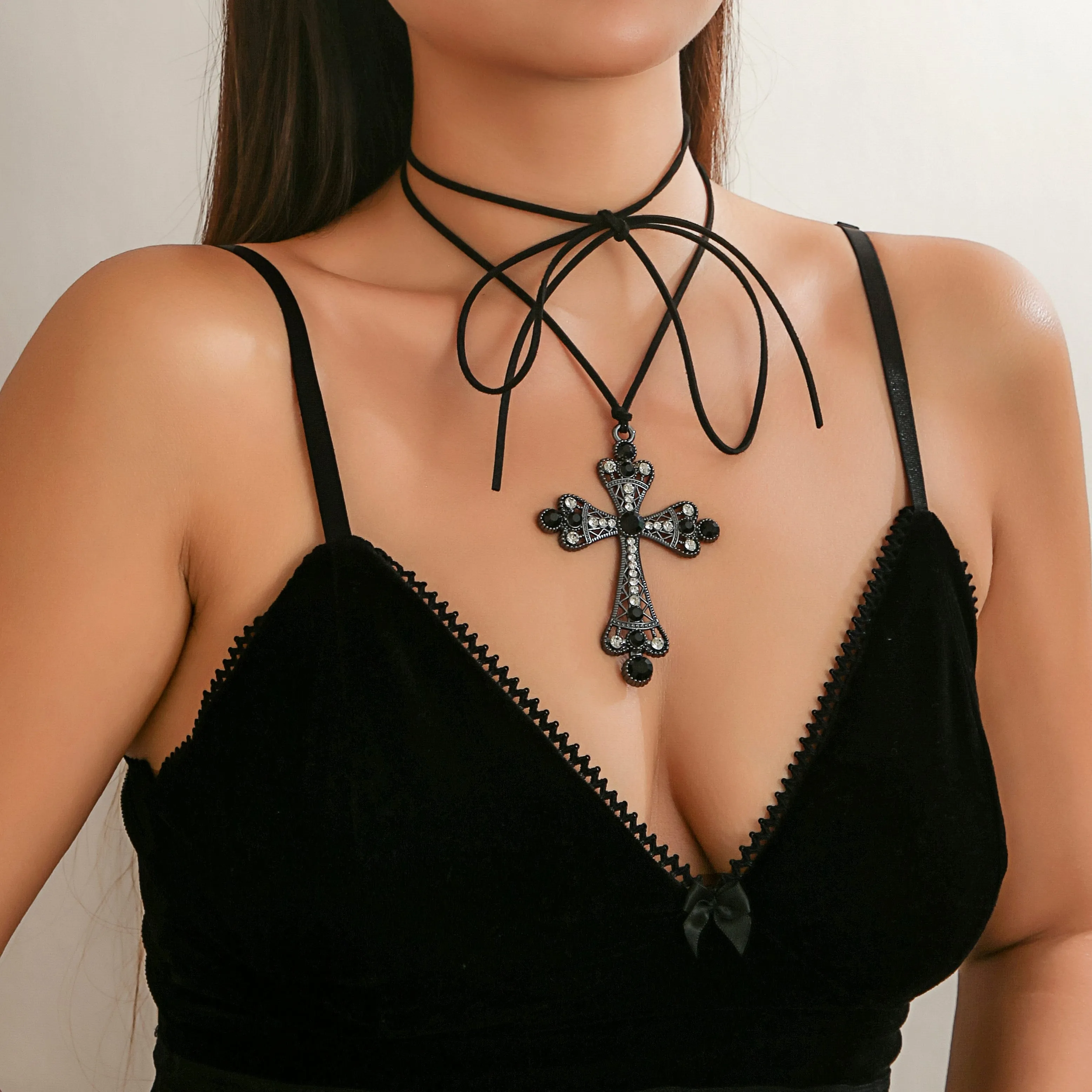 Chic Crystal Inlaid Hollowed-out Cross Pendant Velvet String Necklace