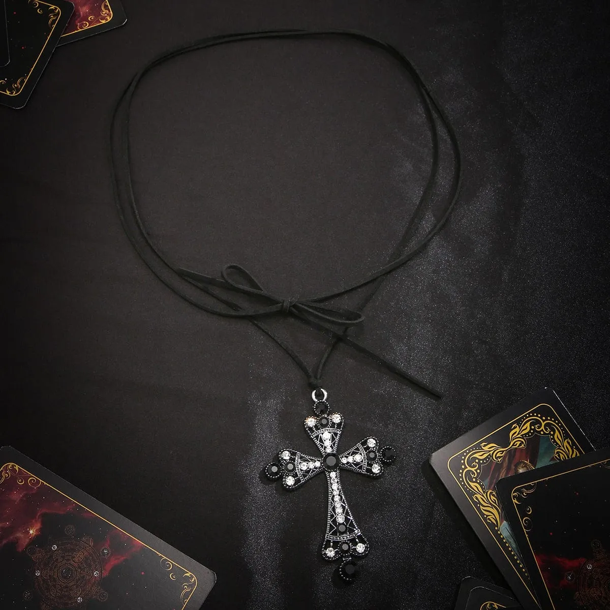 Chic Crystal Inlaid Hollowed-out Cross Pendant Velvet String Necklace