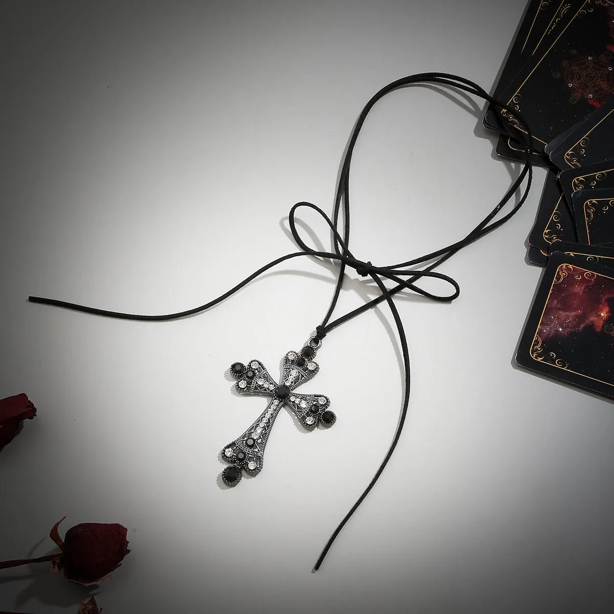 Chic Crystal Inlaid Hollowed-out Cross Pendant Velvet String Necklace