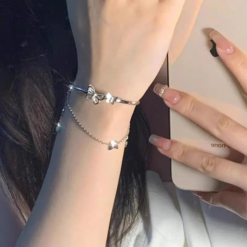 Chic CZ Inlaid Butterfly Charm Cable Chain Bangle Bracelet