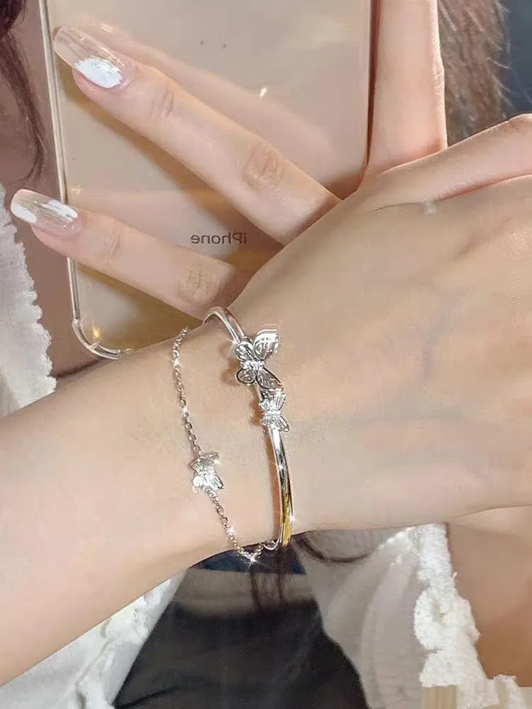 Chic CZ Inlaid Butterfly Charm Cable Chain Bangle Bracelet