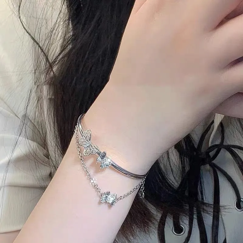 Chic CZ Inlaid Butterfly Charm Cable Chain Bangle Bracelet