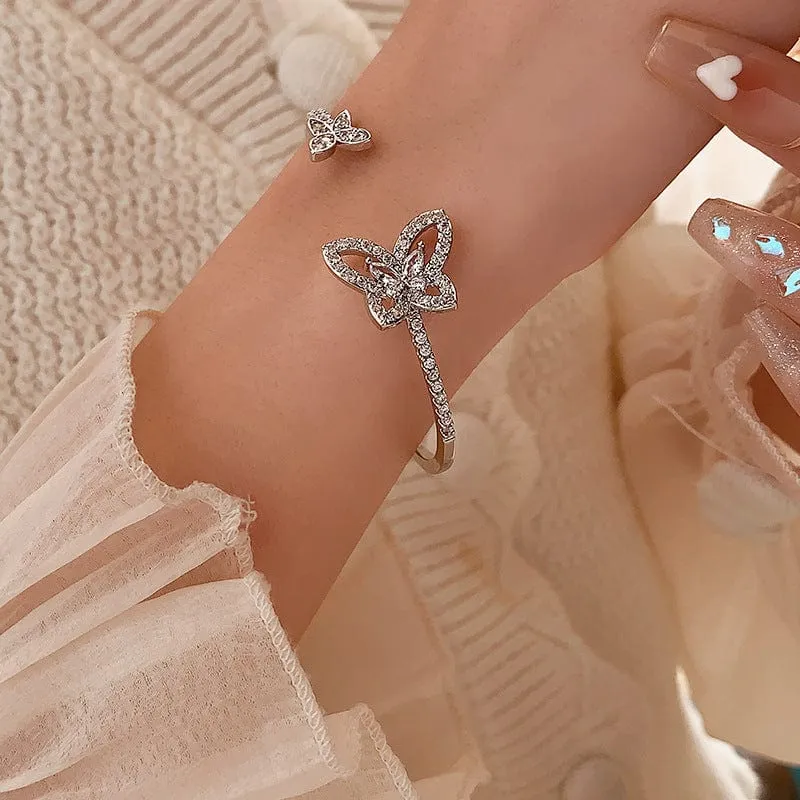 Chic CZ Inlaid Duo Butterfly Bangle Bracelet