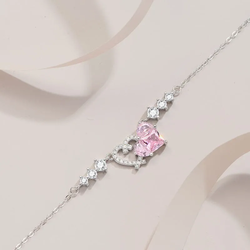 Chic CZ Inlaid Pink Diamond Duo Heart Necklace