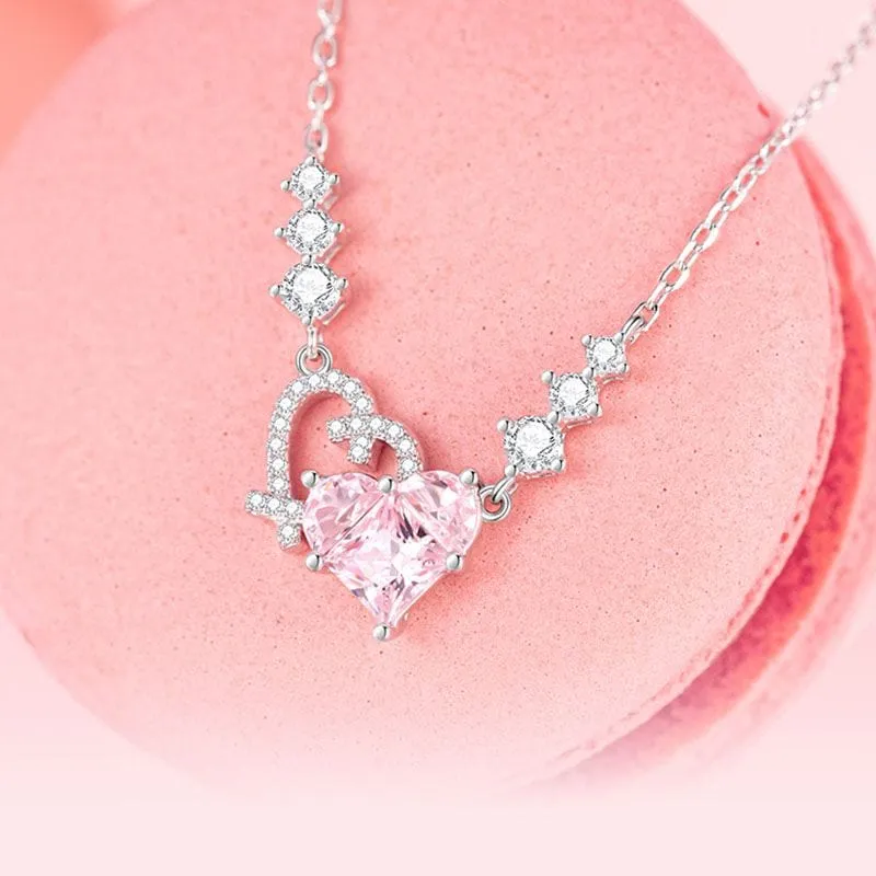 Chic CZ Inlaid Pink Diamond Duo Heart Necklace