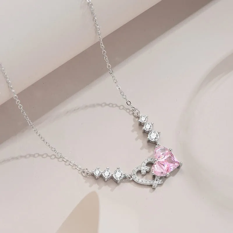 Chic CZ Inlaid Pink Diamond Duo Heart Necklace