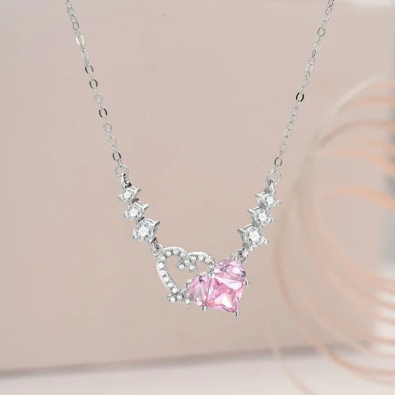 Chic CZ Inlaid Pink Diamond Duo Heart Necklace