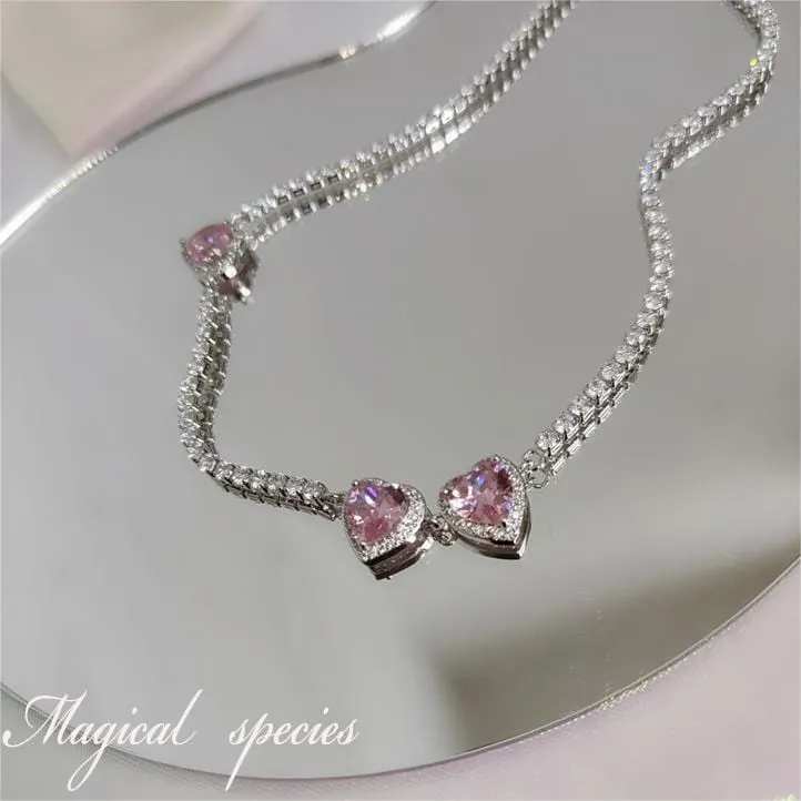 Chic CZ Inlaid Pink Diamond Heart Necklace