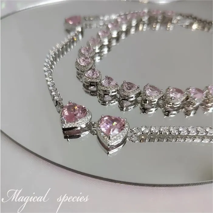 Chic CZ Inlaid Pink Diamond Heart Necklace