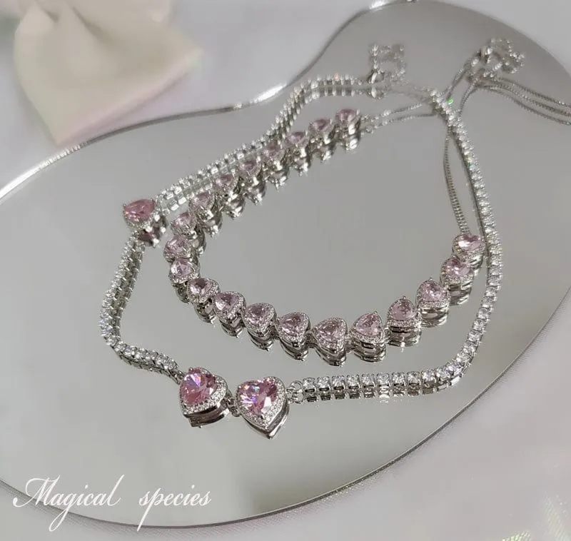 Chic CZ Inlaid Pink Diamond Heart Necklace