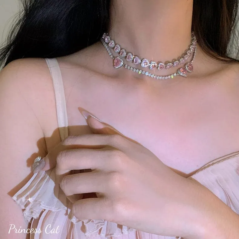 Chic CZ Inlaid Pink Diamond Heart Necklace