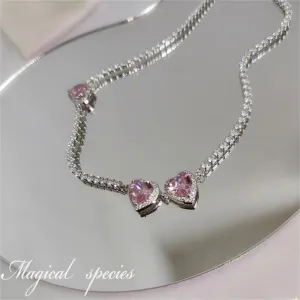 Chic CZ Inlaid Pink Diamond Heart Necklace