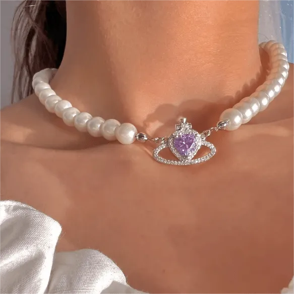 Chic CZ Inlaid Purple Saturn Necklace Earrings Bracelet Set