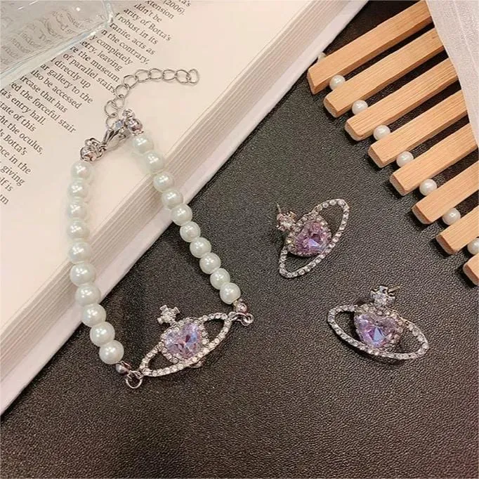 Chic CZ Inlaid Purple Saturn Necklace Earrings Bracelet Set