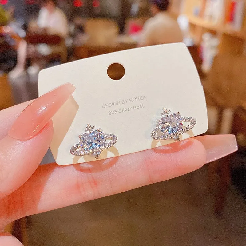 Chic CZ Inlaid Rhinestone Saturn Heart Earrings