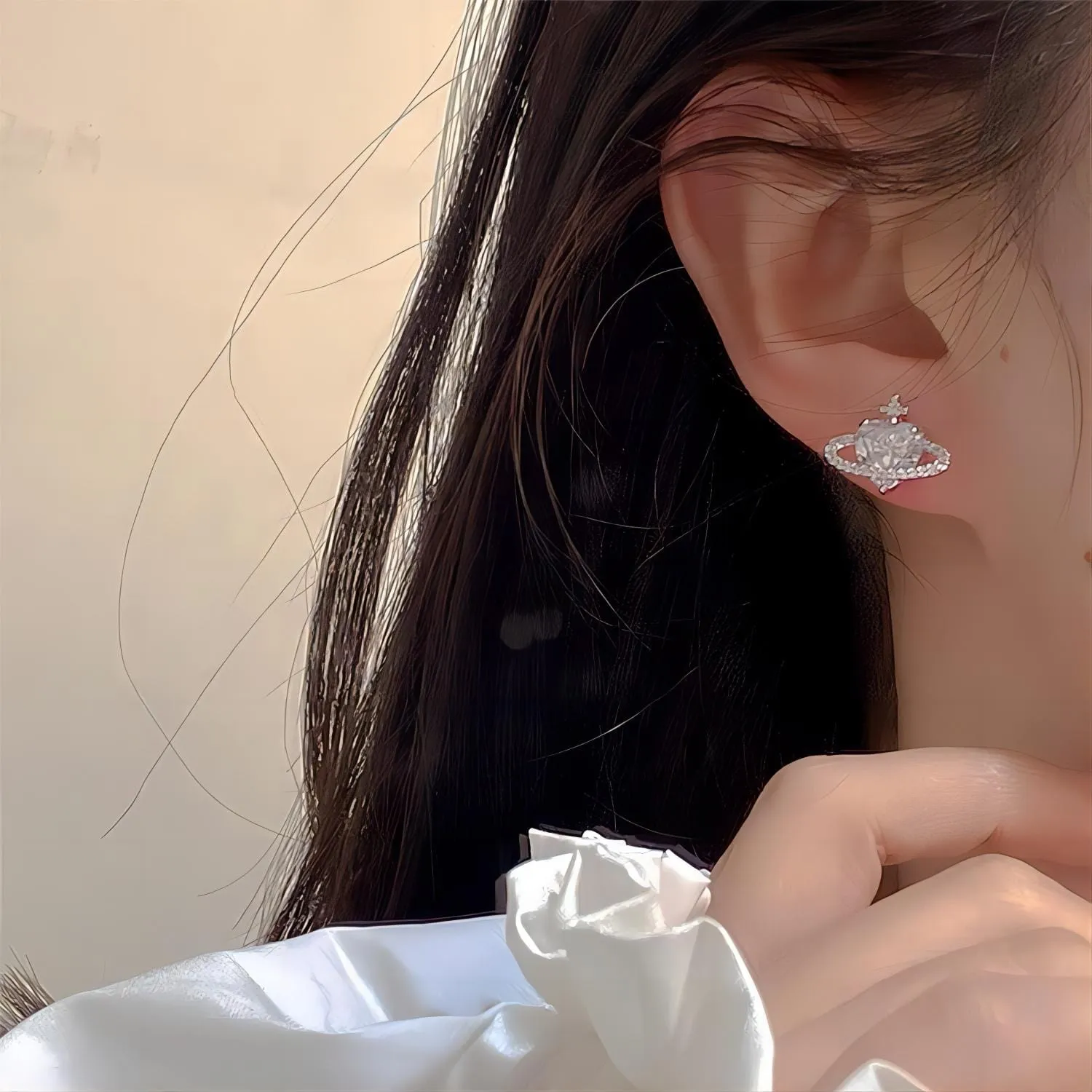 Chic CZ Inlaid Rhinestone Saturn Heart Earrings