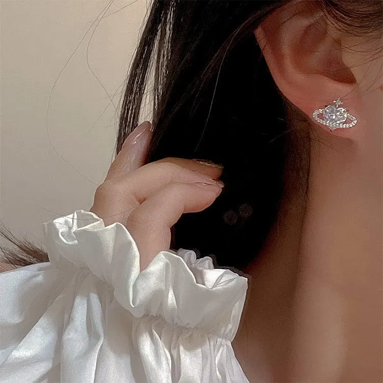Chic CZ Inlaid Rhinestone Saturn Heart Earrings