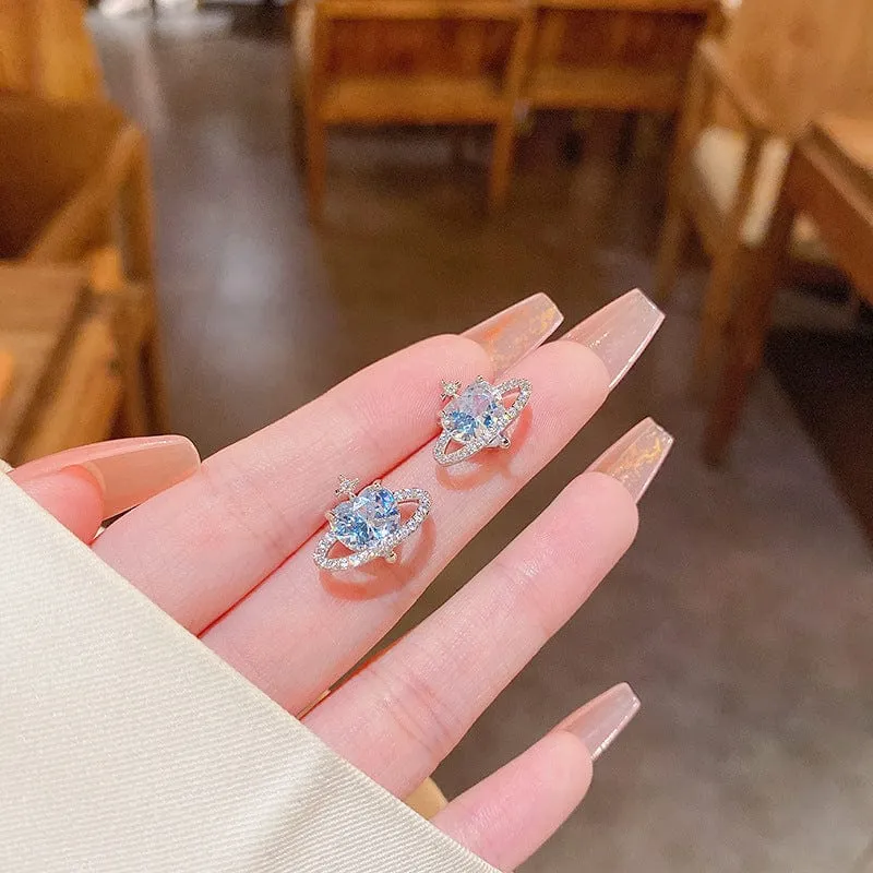 Chic CZ Inlaid Rhinestone Saturn Heart Earrings