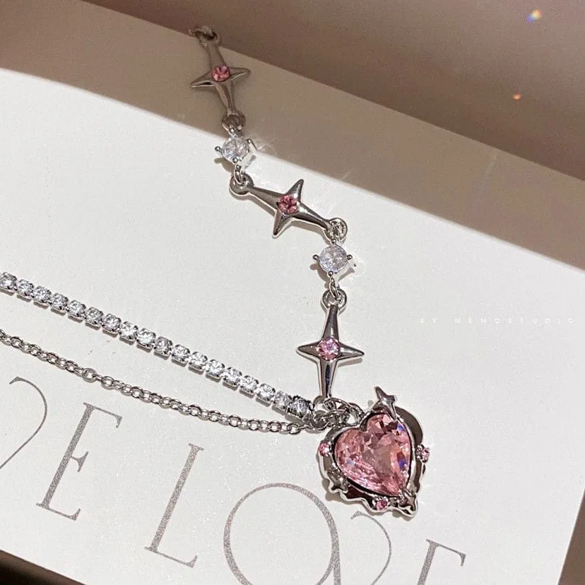 Chic Layered CZ Inlaid Pink Crystal Heart Pendant Star Chain Necklace