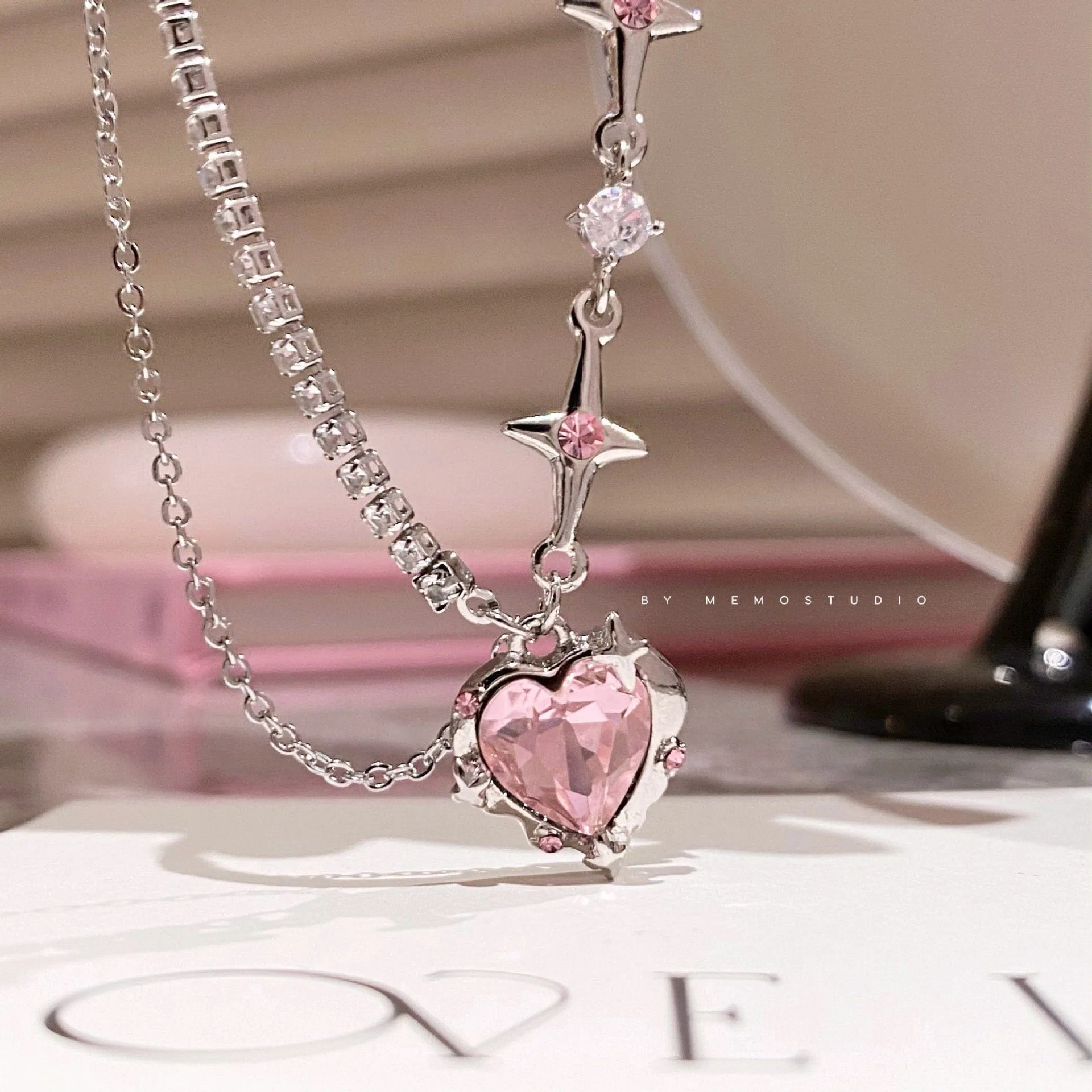 Chic Layered CZ Inlaid Pink Crystal Heart Pendant Star Chain Necklace