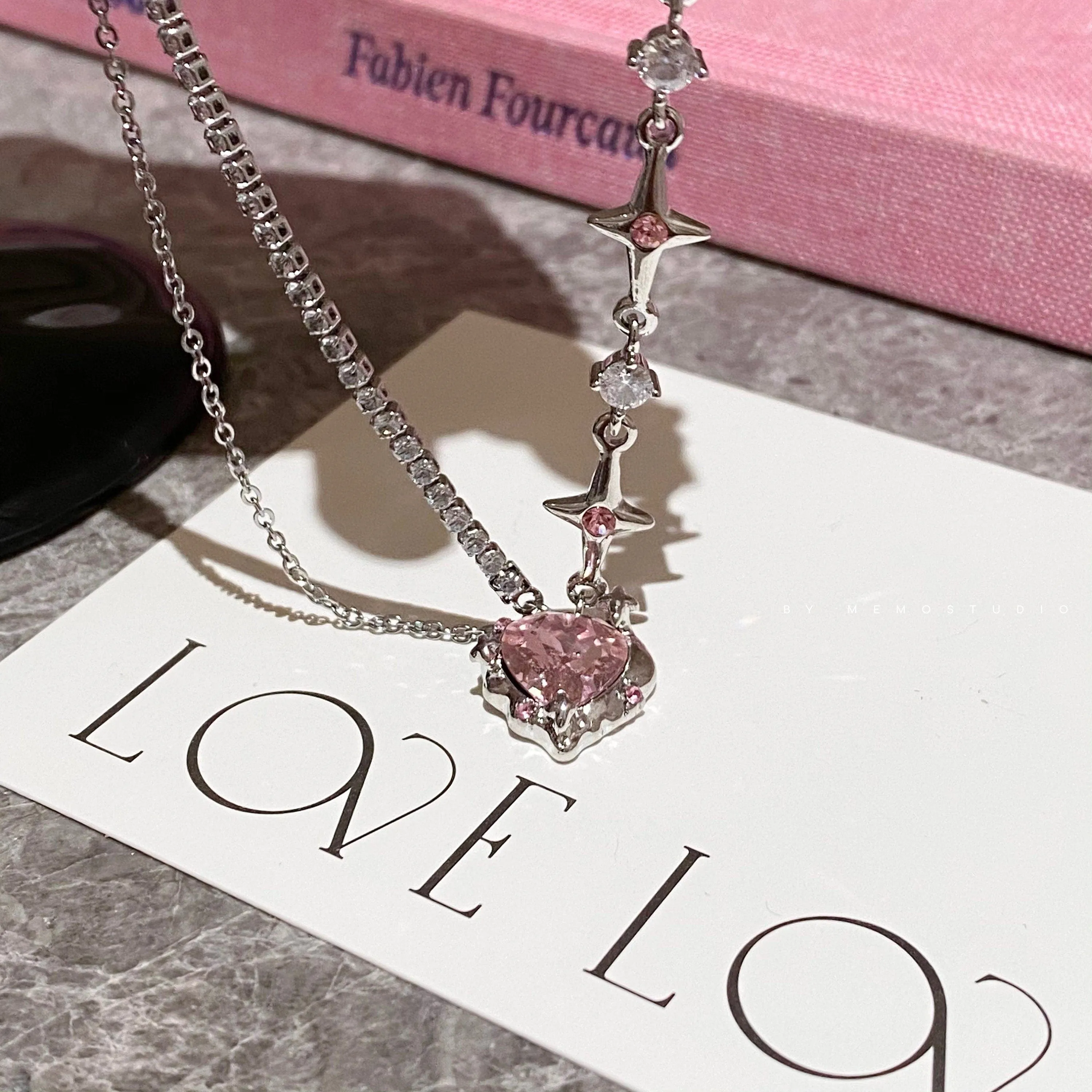 Chic Layered CZ Inlaid Pink Crystal Heart Pendant Star Chain Necklace
