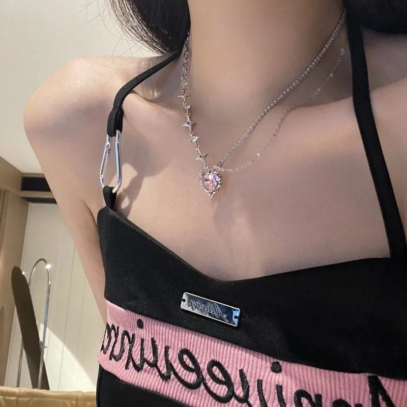 Chic Layered CZ Inlaid Pink Crystal Heart Pendant Star Chain Necklace